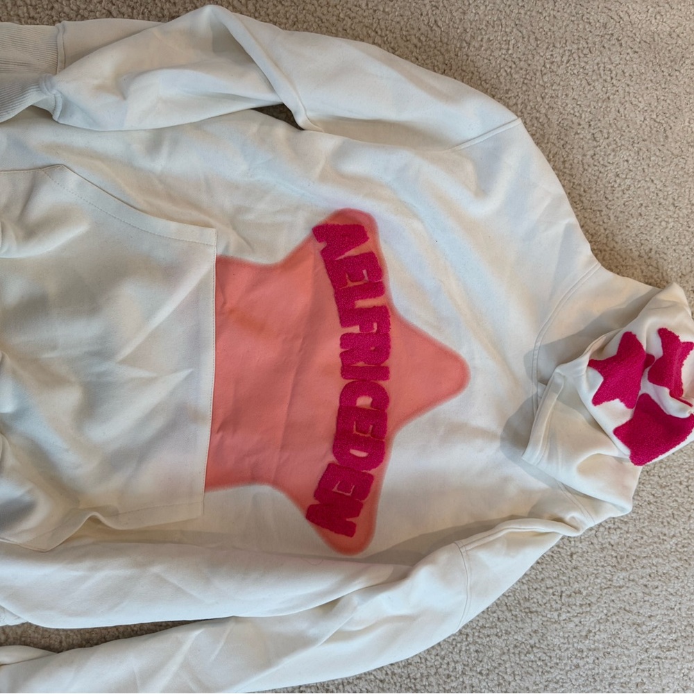 Aelfric Eden White Hoodie with Pink Star and Hot Pink Lettering